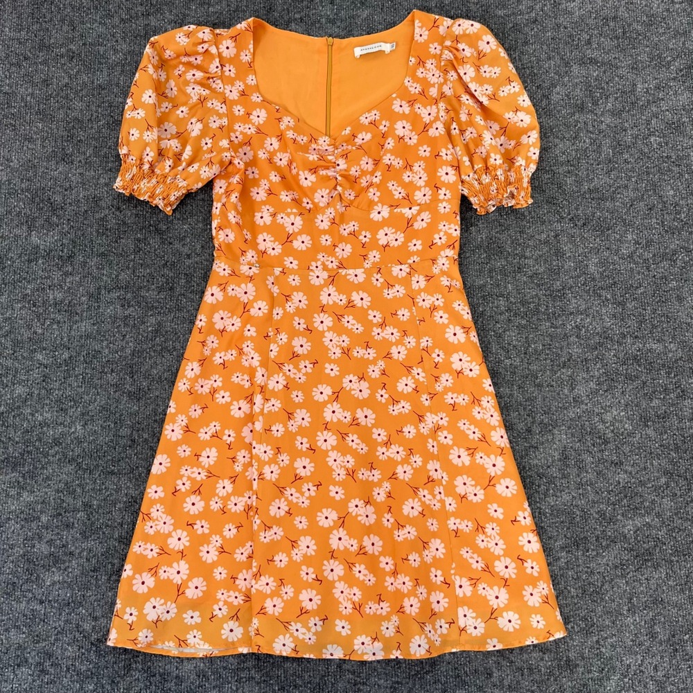 Avantlook Orange Floral Daisy Mini Dress Sweetheart Puff Sleeve XS